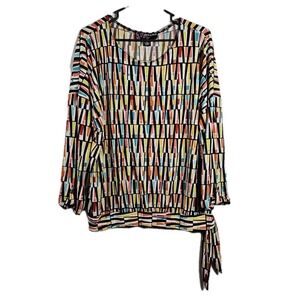 Peck & Peck Women Sz XL Geometric Multicolor 3/4 Sleeve Scoop Neck Side Tie EUC